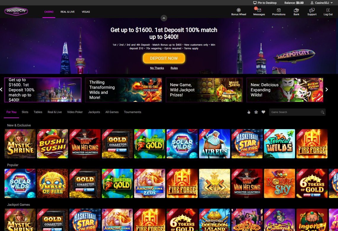 JackpotCity Homepage Desktop Device View