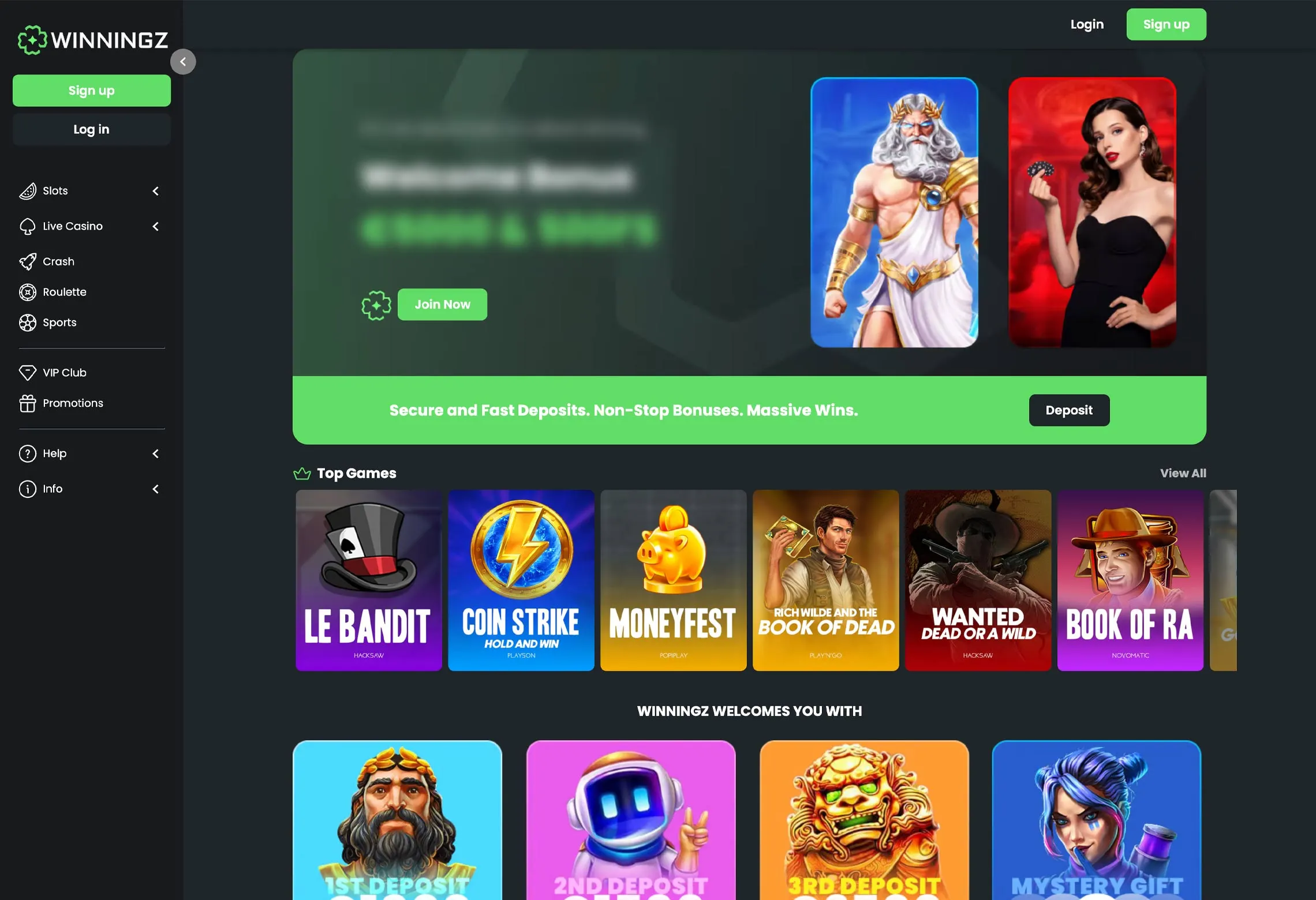 Winningz Casino Homepage Desktop Device View