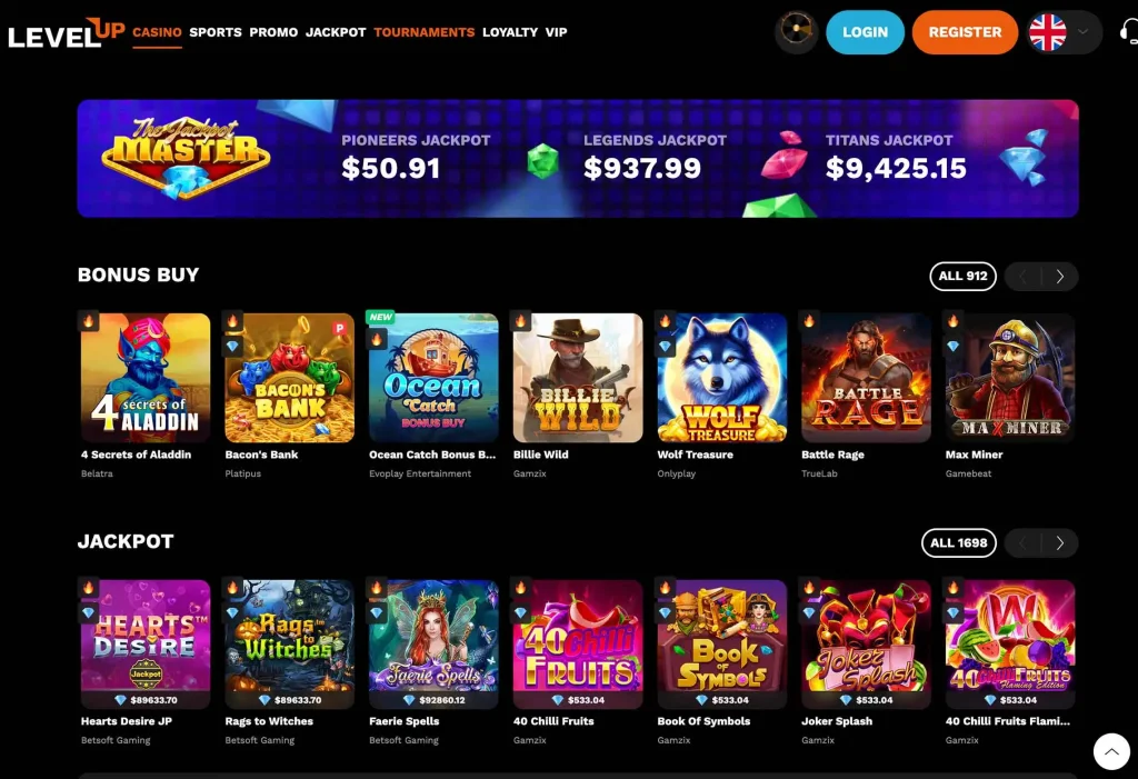 LevelUp Casino Homepage Desktop Device View